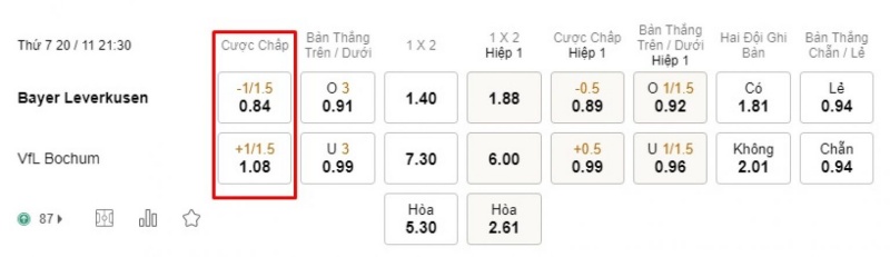 kèo 1 1/4 trong trận đấu giữa Bayer Leverkusen vs VfL Bochum